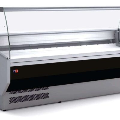 Vitrina Refrigerada Expositora Cristal Curvo con Reserva Decoración Negra Fondo 900 de 1525 x940 x1235h mm BADAJOZ VEC150-9