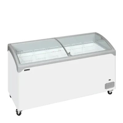 Elegante congelador horizontal con tapas correderas de cristal curvo